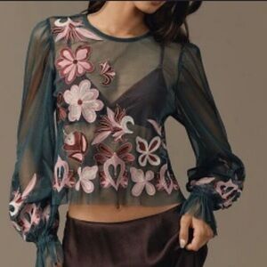 NWT ANTHROPOLOGIE Sheer Floral Blouse - Black and Pink